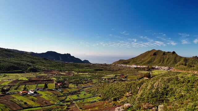 Aerial drone view of mountain valley farmland, Santiago del Teide, Tenerife
