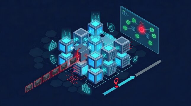 This illustration depicts a zero day vulnerability exploit targeting a data center with network components and security symbols