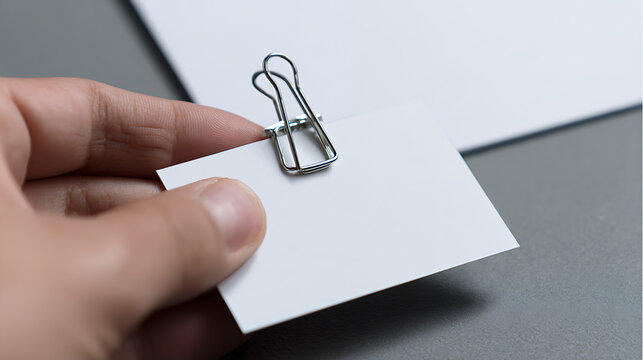 Human hand hold white paper sheet with metal foldback clip over office desk background. Blank card concept for message, notice or reminder