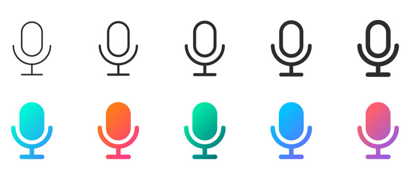 Microphone Audio Icon set. microphone icons in thin outline, bold outline, solid black, and colorful gradient styles. Ideal for audio, voice recording, podcast, broadcast, and communication concepts.