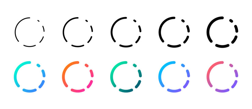 Loading Process Circular Icons Set. loading spinner circle icons in thin outline, dashed, and colorful gradient styles. for progress, buffering, syncing, waiting, updates, apps, web