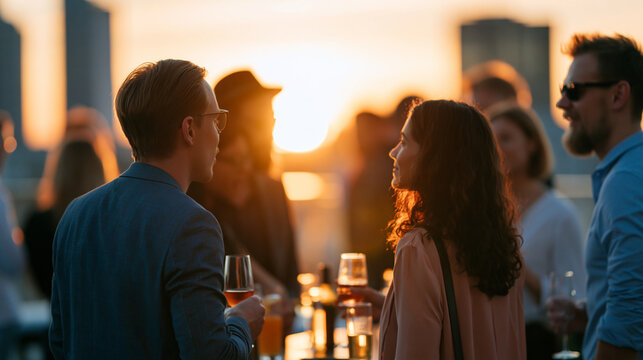 Faceless young adults enjoying cocktail hour at rooftop with sunset backdrop, golden hour drinks, beverage time, twilight moment, atmospheric setting, with copy space