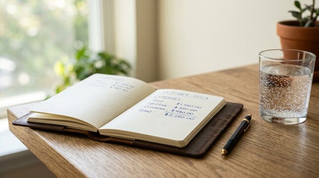 Open notebook with handwritten expenses list for October 2023 next to a glass of water and a pen