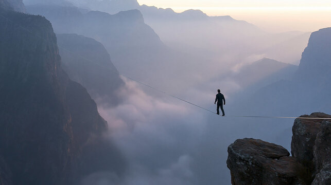 Tightrope Walking in Misty Mountain Landscape - Extreme Adventure Sports and Thrill-Seeking Freedom