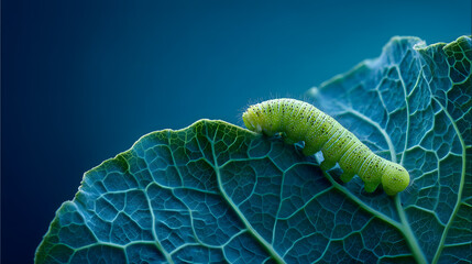 Fototapeta premium Caterpillar Larva on Green Kale Leaf Surface Macro