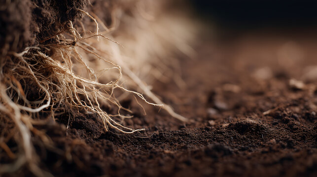 Macro of Cover Crop Root System Binding Dark Loose Soil