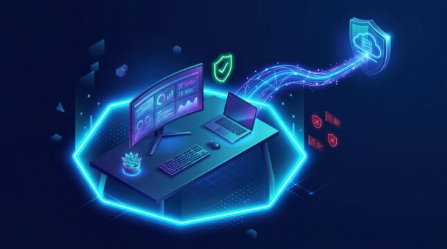 A workspace shows a computer setup with graphs and security icons, representing cybersecurity awareness for those working from home