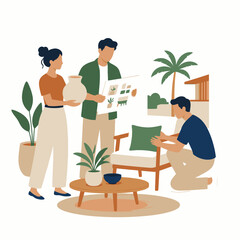 Fototapeta premium Family gardening indoors with potted plants illustration.