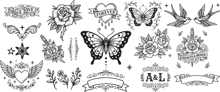 Traditional old school tattoo flash doodle set, vintage hand-drawn vector illustration bundle of dagger, sacred heart, snake, and dice icons.