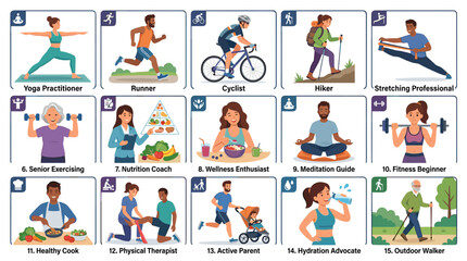 Fototapeta premium A collection of diverse people engaging in various healthy lifestyle activities, including yoga, running, cycling, hiking, and cooking. 2D Vector Illustration
