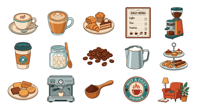A collection of assorted coffee shop icons including coffee cups, pastries, menu, coffee maker, grinder, and furniture 2D Vector Illustration