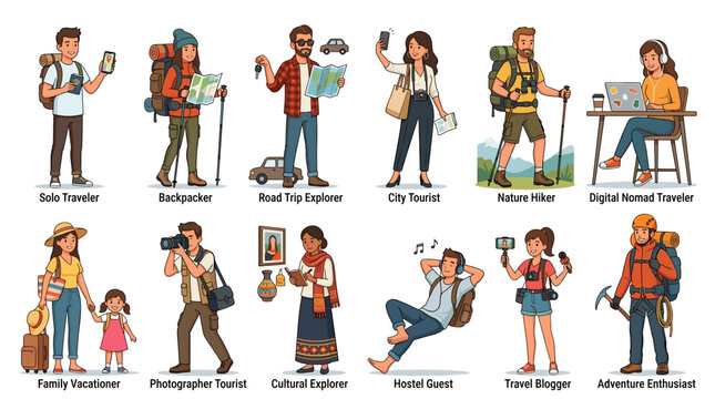 A diverse collection of people illustrating various travel styles and activities, from solo adventurers and backpackers to family vacationers and digital nomads 2D Vector Illustration