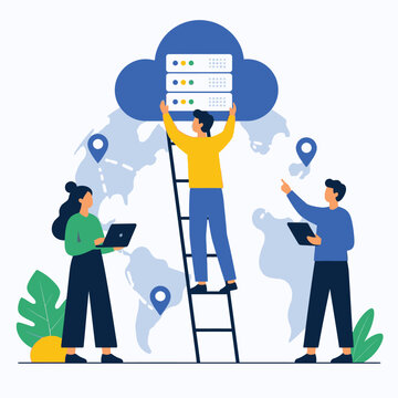 Cloud computing team setup with server icons and ladder.
