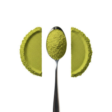 Steel tablespoon with green matcha supplement powder and a smear on a transparent background, top view. Health and wellness advertising concept