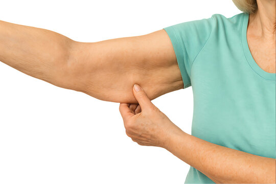 PNG woman showing flabby skin on upper arm isolated on transparent background. Concept of body aging, weight loss, loose skin, female body problem area