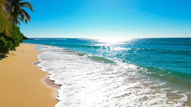 Tranquil beach scene with palm tree casting a shadow on the sand and gentle waves lapping the shoreline on a sunny day
