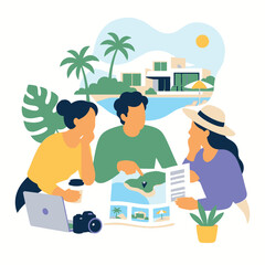 Obraz premium Family planning a tropical vacation together on laptop.