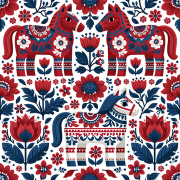 Colorful Floral Horse Textile Art: Ornamental Swedish Rya Tapestry Pattern for Vibrant Farmhouse Decor