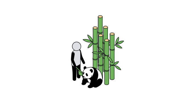 Whimsical illustration of person with panda and bamboo stalks.