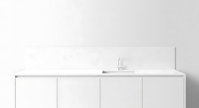 Modern minimalist white kitchen backsplash with shelf.