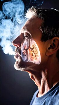 Conceptual video showing a smoker exhaling smoke with a lung x-ray illustration
