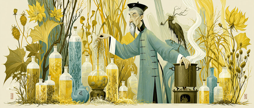 Alchemy Potion Brewing Wizard: Mystical Fantasy of Herbs and Magic Elixirs in Vintage Style Illustration
