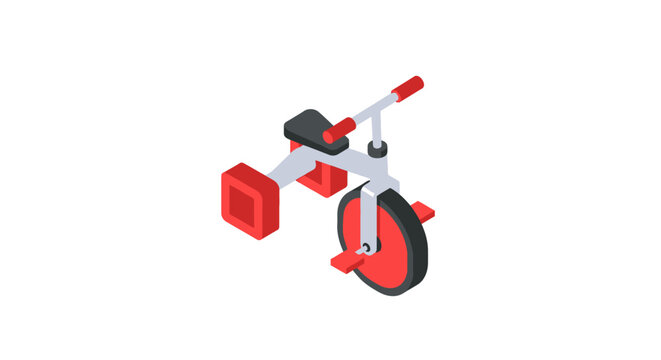 Isometric toy tricycle with red blocks and wheels.