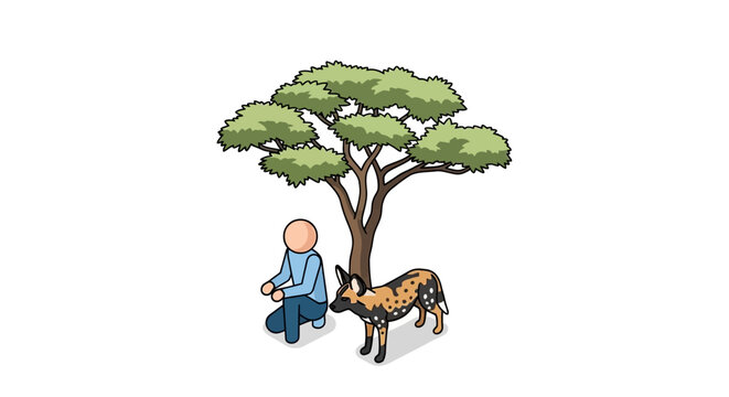 Cartoon character with zebra under large green tree.