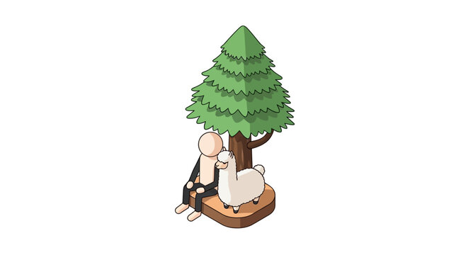 Whimsical cartoon characters relaxing under large pine tree.