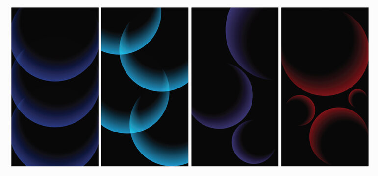Abstract dark wallpaper background set with glowing geometric crescent shapes.