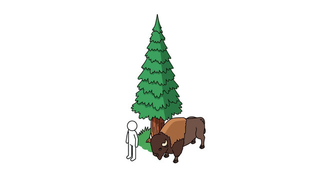 Whimsical cartoon bison and character near pine tree.