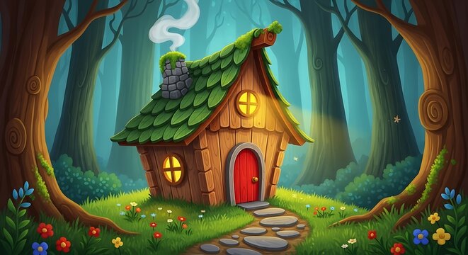 Fairytale cottage nestled in enchanted forest clearing.