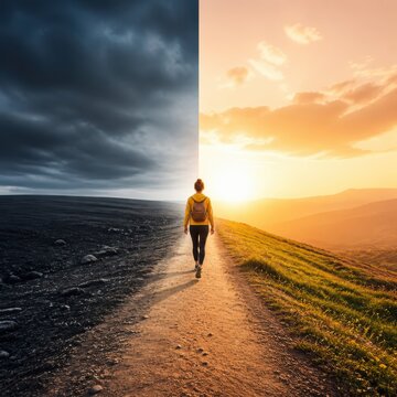 Hiker walking a trail between stormy dark landscape and glowing sunrise symbolizing contrast and life choice