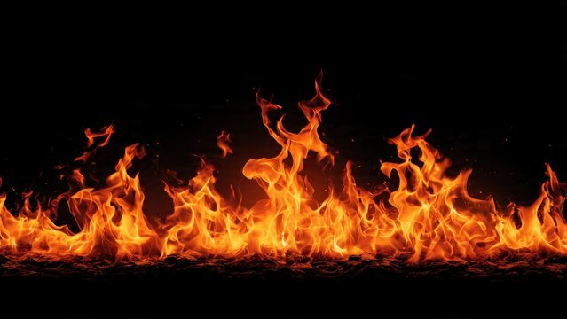 Intense Fire Flames Against Black Background