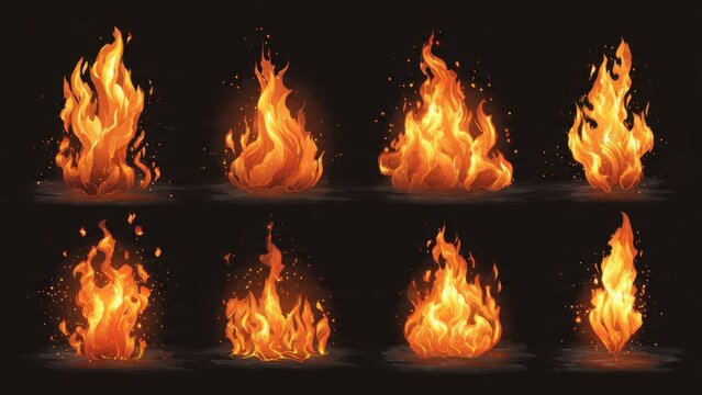 Set of Realistic Fire Flames on Dark Background