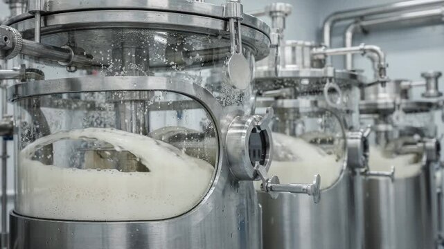 Closeup medium shot of stainless steel reactors vigorously mixing gelatin with silver halide crystals in a precise small batch process for photographic emulsion production.