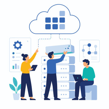 Cloud computing team managing data in office illustration.