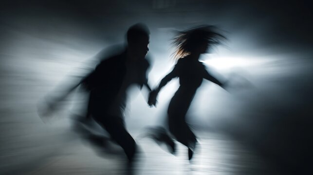 The motion blur conveys a sense of urgency, fear, or escape, highlighting themes of panic, anxiety.