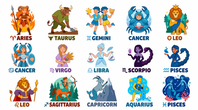 Diverse zodiac signs depicted as colorful characters in artistic illustration