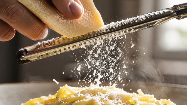 Grating hard parmesan cheese with flying flakes against a dark background