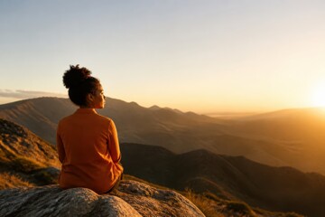 Obraz premium Woman sitting on mountain cliff at sunrise overlooking scenic valley and peaceful horizon