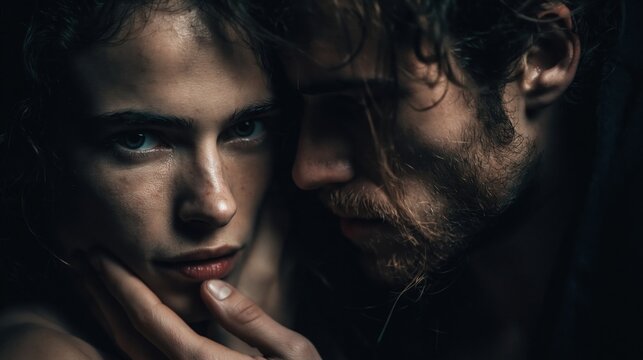 Their faces are close, with the man s hand gently touching the woman s face, conveying a sense of passion and romance. The dark, moody lighting enhances the dramatic and sensual atmosphere.