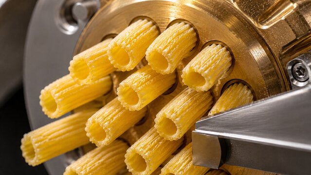 Close-up of fresh rigatoni pasta being extruded from a traditional brass machine die