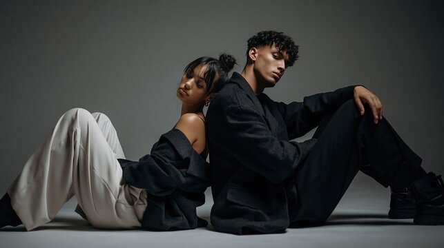 This illustrates relationship conflict and emotional distance, with a young couple sitting back to back, appearing sad and disconnected. The man and woman are posed in a studio setting against a grey.