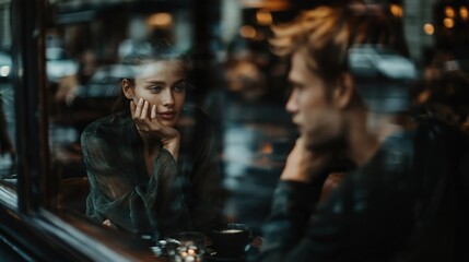 Fototapeta premium This depicts relationship problems and emotional distance between a couple in a cafe. A woman looks pensive and sad while a man looks away.