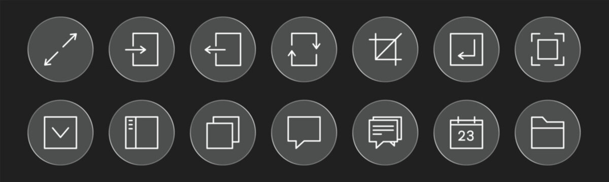Glass effect navigation and communication interface icons on dark background. Glossy transparent buttons feature windows, messages, calendars, folders, and layout controls. Modern UI collection.