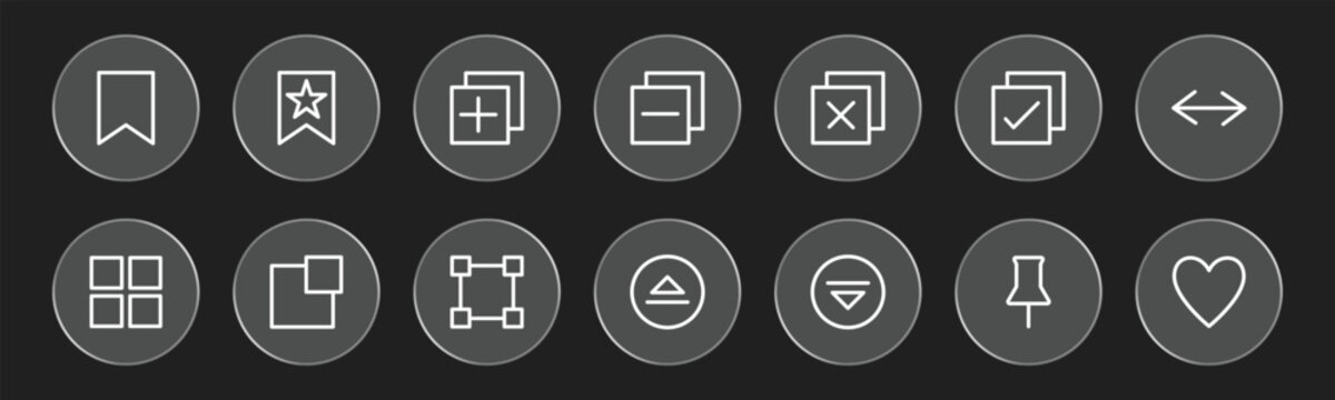 Glass effect navigation and interface icons on dark background. Glossy transparent buttons feature bookmarks, windows, sharing, alerts, favorites, and layout controls. Modern UI collection.