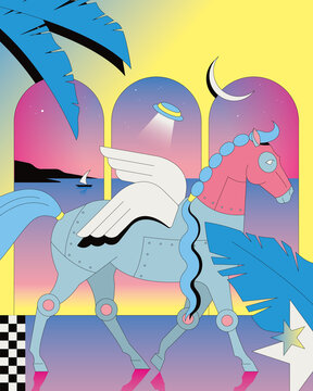 Winged Horse Walking Through a Dreamlike Coastal Landscape, Colorful Fantasy Scene with UFO and Sea