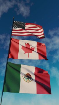 Three host country flags for 2026 soccer sport world waving in the wind