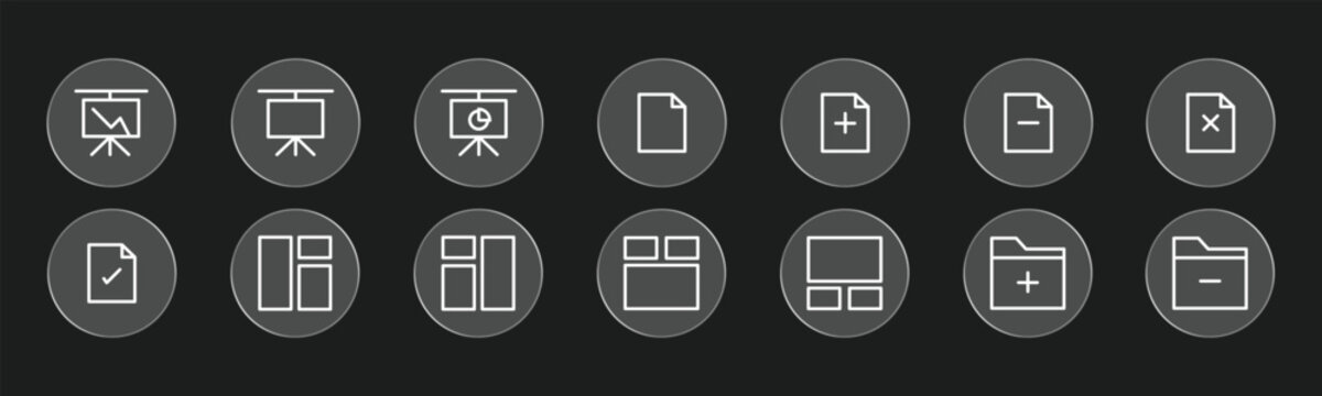 Glass effect file and workspace interface icons on dark background. Glossy transparent buttons feature folders, documents, windows, storage, and organization controls. Modern UI collection.